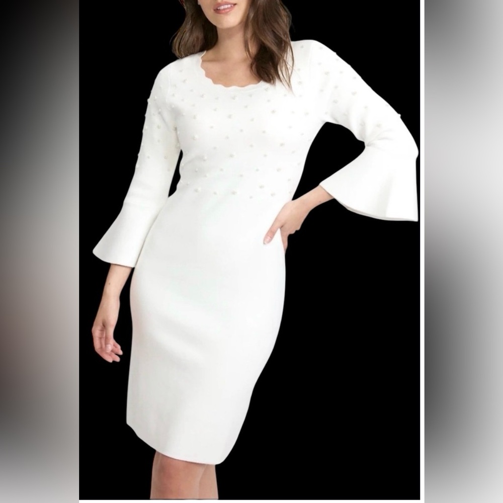 London Times Valoria knit dress w/ bell sleeves & pearl detailing. White. L. NWT